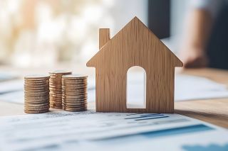 Foto: Münzen und Holzhaus